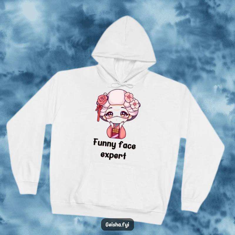 Funny geisha hoodie depicting a geisha making a funny face with a delicate mask, offering warmth and a humorous statement.