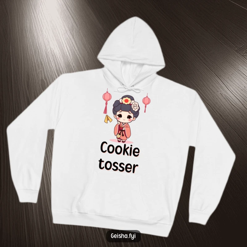 Funny Fortune Cookie Geisha Hoodie: A cozy hoodie with a geisha character happily tossing a fortune cookie.