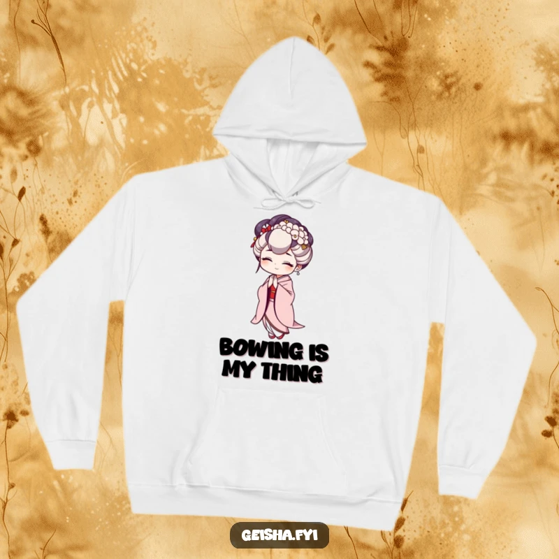 Funny Geisha Hoodie with a character performing a dramatically funny exaggerated bow, offering warmth and humor.