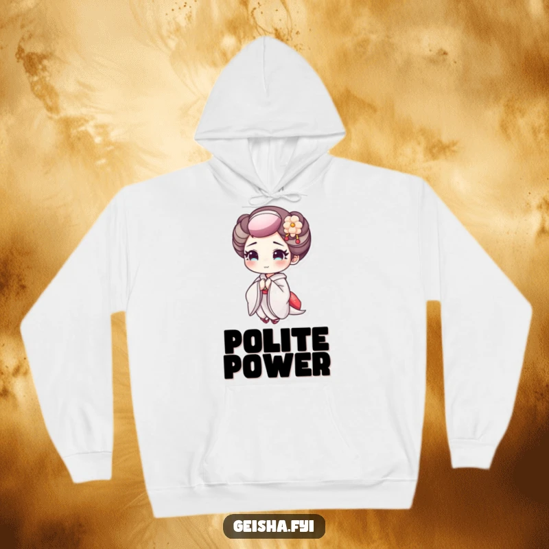 Funny Geisha Bowing Hoodie: A cozy hoodie with a geisha character with delicate makeup bowing cheerfully.