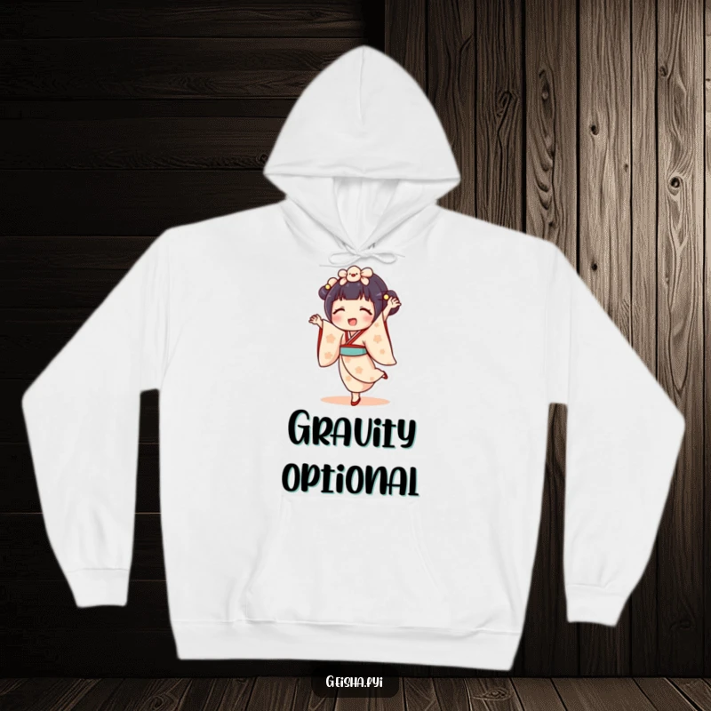 Funny geisha doll hoodie showing character doing a cartwheel with legs in the air. Cozy, cheerful, and amusing apparel.