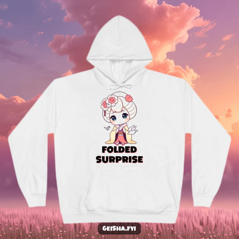 Funny geisha hoodie depicting a shocked geisha character looking at a tiny, sweet origami crane, ideal for cold-weather humor.
