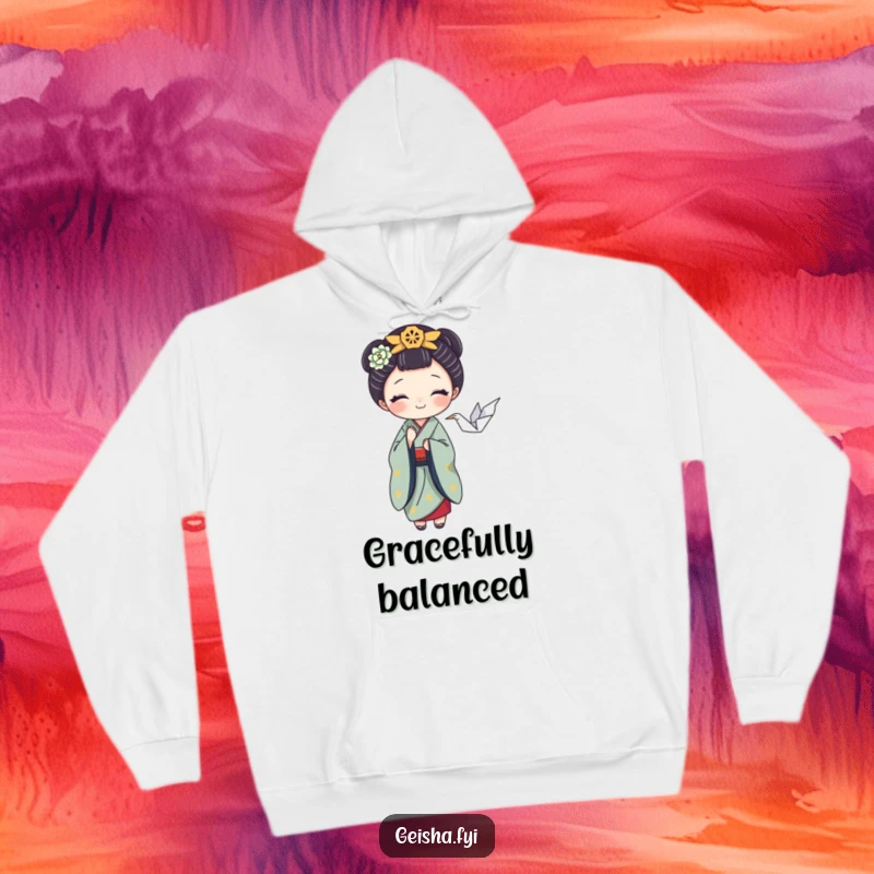 Funny hoodie with a playful geisha balancing an origami crane, offering warmth and artistic humor, a great funny gift.