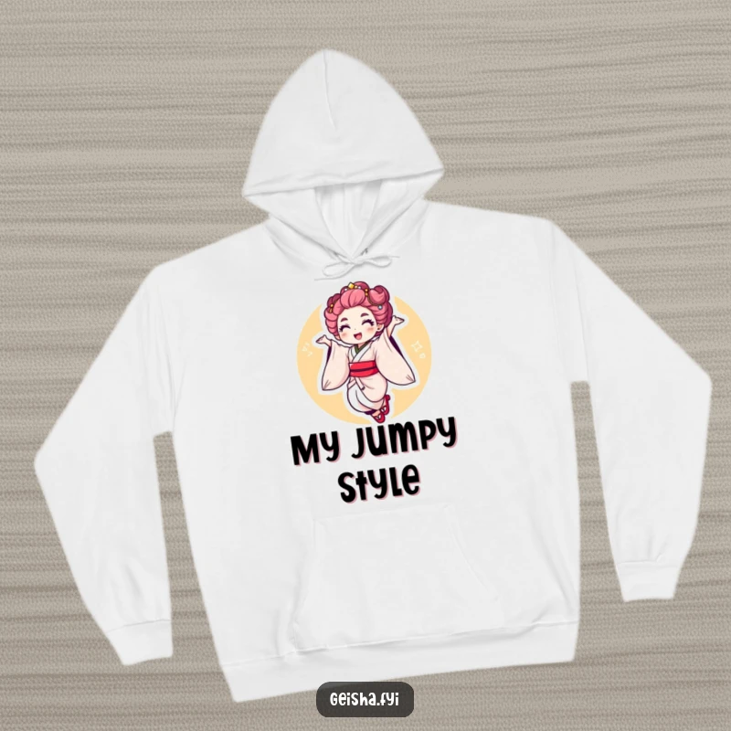 Funny Geisha Jump Hoodie: a graceful character performing an energetic jump with a flourish, bringing style and warmth.