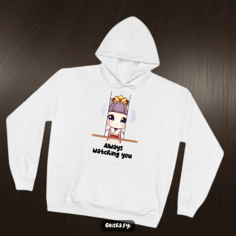 Cozy funny geisha character with curious, wide eyes peeking from behind a screen on this humorous hoodie.