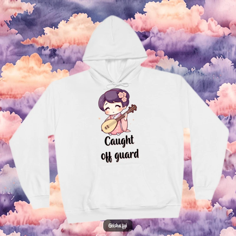 Funny Geisha Hoodie: Surprised character plays a tiny shamisen, blending warmth with comical musical art.