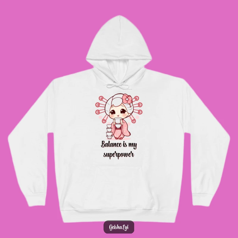 Funny Geisha Tea Cup Hoodie: Cozy & Hilarious Balancing Act Sweatshirt