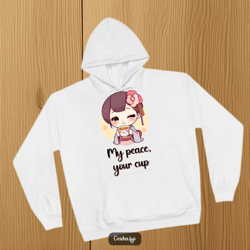 Funny geisha offering a tiny smiling teacup in a hoodie, cozy, humorous and sweet, great funny gift.