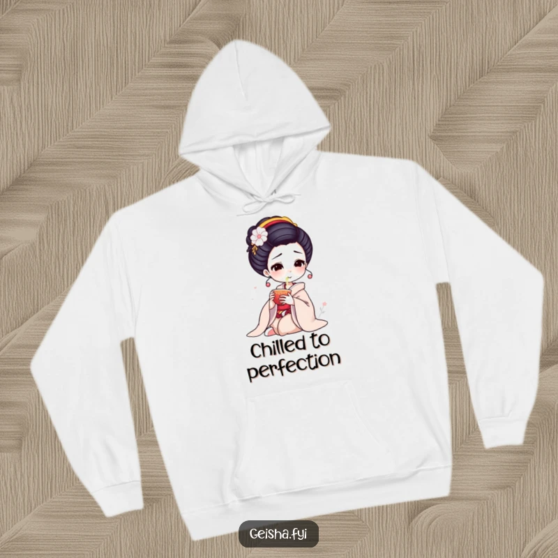 Funny Geisha Hoodie: Elegant character delicately sips tea, blending warmth with serene humor.