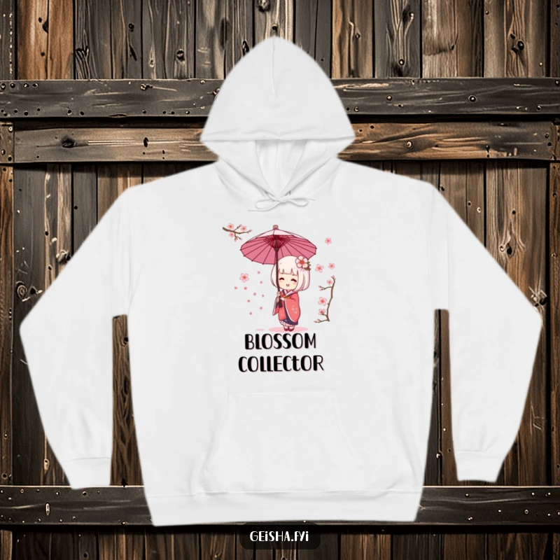 Funny geisha umbrella hoodie showing character giggling and catching falling cherry blossoms. Cozy, cheerful, and amusing apparel.