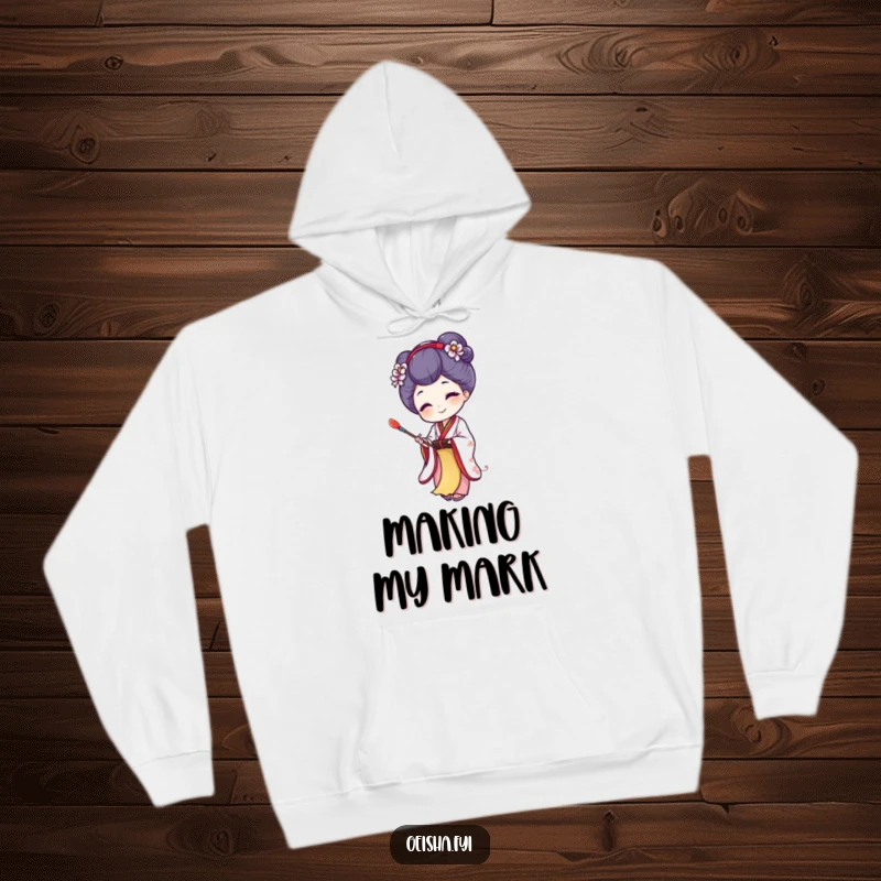 Funny hoodie with a joyful geisha creating art on a tiny scroll, offering cozy comfort and artistic humor, a great funny gift.