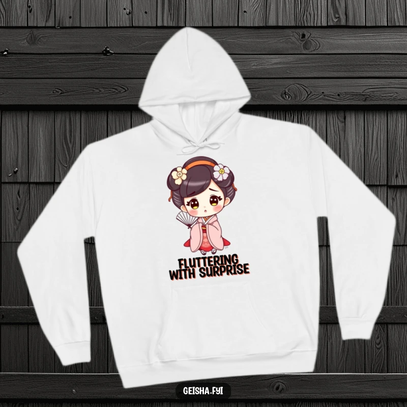 Funny Surprised Geisha Hoodie, a cute character with a fan, featuring a comically surprised expression, perfect for cozying up.