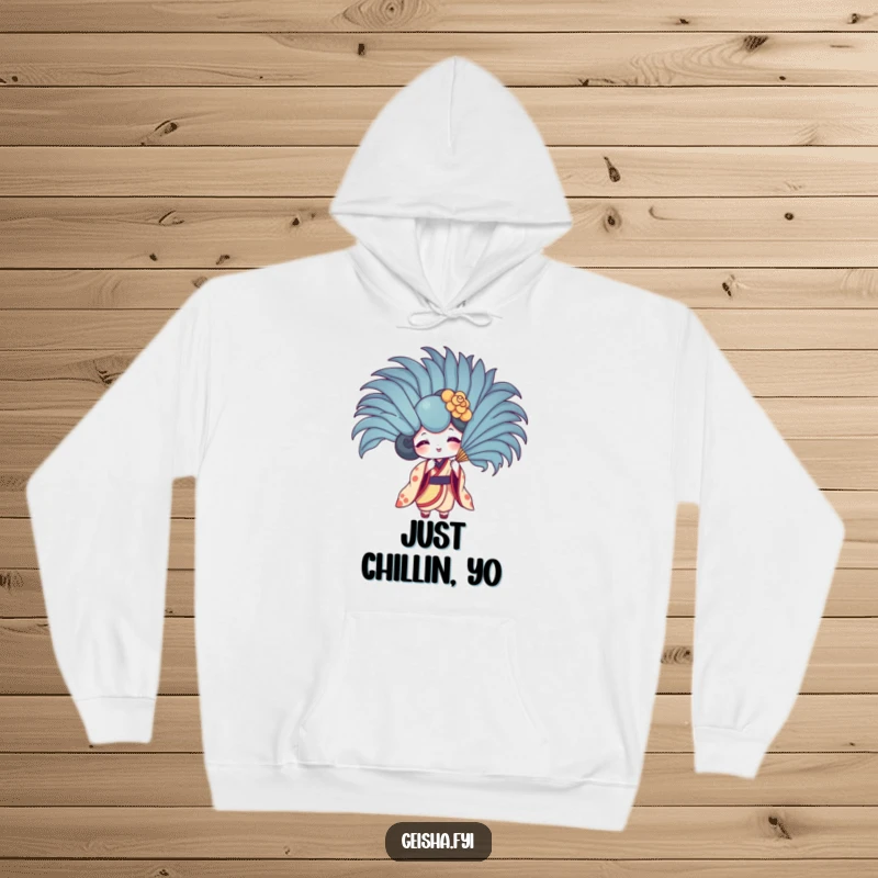 Funny geisha fan hoodie showing character fanning with a huge feather. Comfy, amusing, and perfect for cooler days.