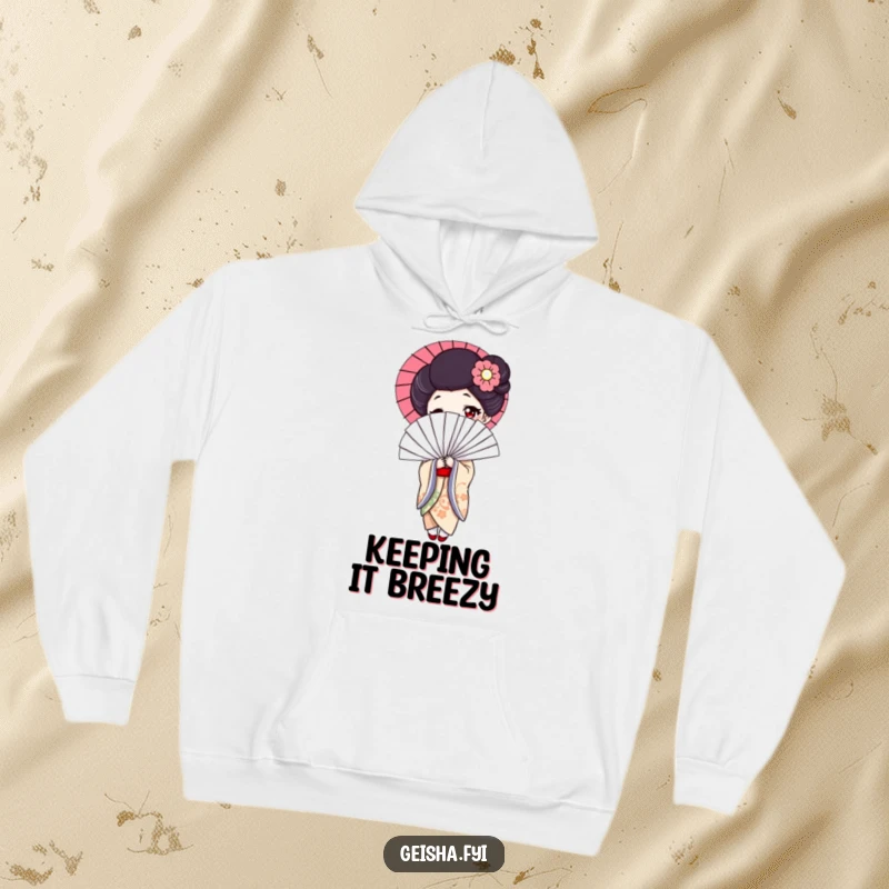 Funny geisha hoodie, cozy character with a massive, funny fan, showing elegance and mirth, a great funny gift idea.