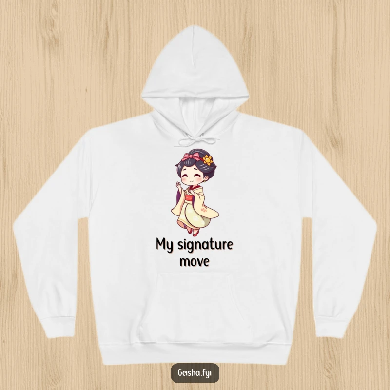 Funny Geisha doing a playful spin with a flourish, cozy and humorous hoodie.