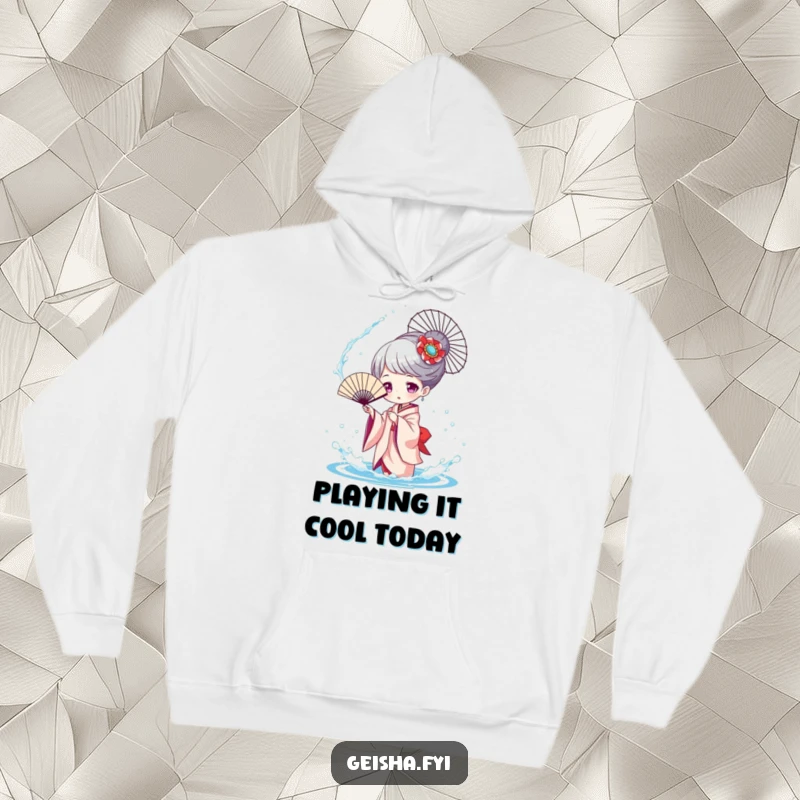 Funny Geisha Splashing Hoodie, a character playfully splashing water with a fan, radiating joy and lighthearted fun.
