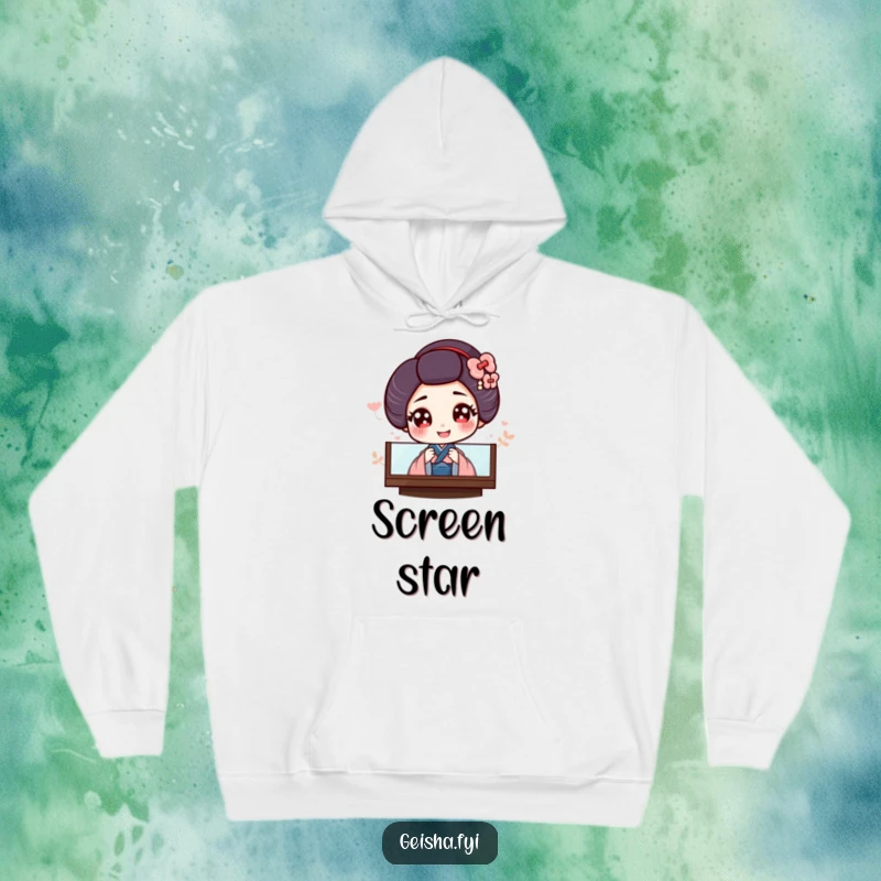 Funny hoodie featuring a giggling geisha with big, curious eyes peeking from behind a traditional screen, radiating charm.