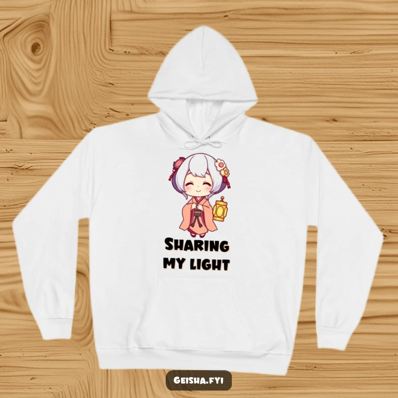 Funny Geisha offering a glowing lantern with a warm smile, cozy and humorous hoodie.