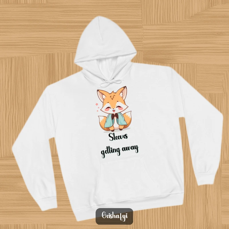 Funny delighted fox character hoodie, playfully fumbling with silk sleeves, cozy and perfect for whimsical charm enthusiasts.