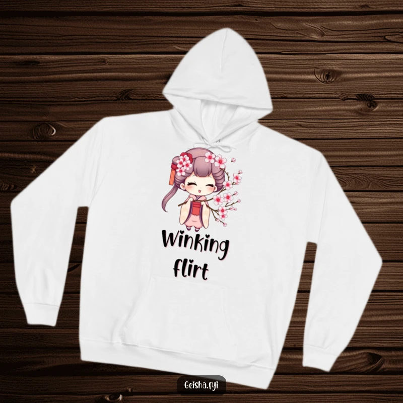 Funny geisha hoodie depicting a charming geisha winking while holding a cherry blossom sprig, offering warmth and playful elegance.