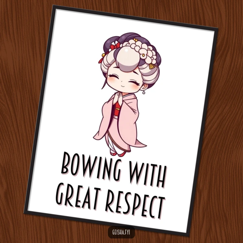 Funny Free Printable Wall Art. A graceful geisha character performs an exaggerated, comical bow, bringing laughter to any room.