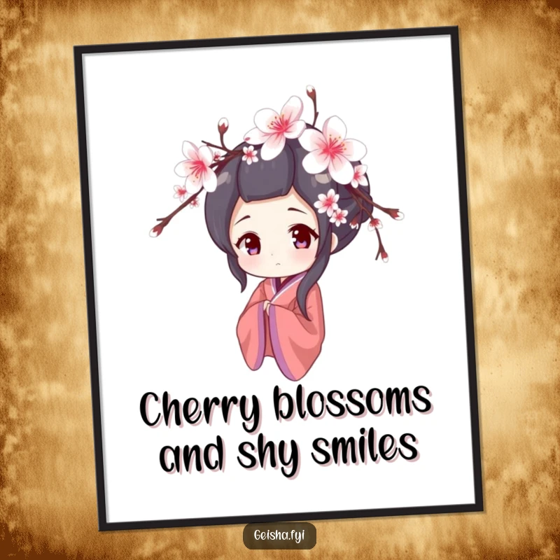 Funny Free Printable wall art of a shy geisha character peeking from behind cherry blossoms, creating a tranquil and artful visual.