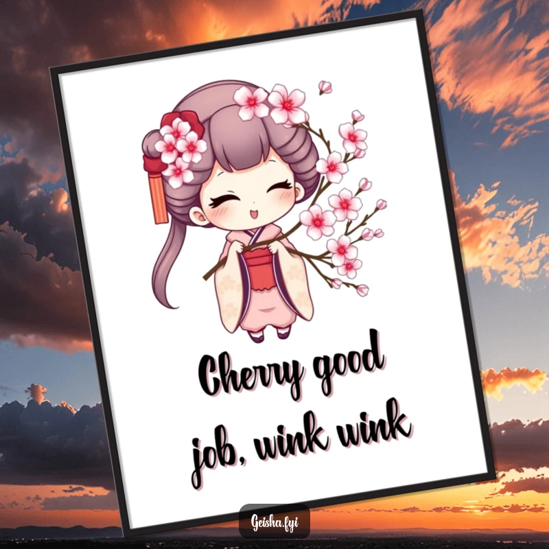 Funny Free Printable Wall Art: A geisha character offering a charming wink while holding a beautiful sprig of pink cherry blossoms. Whimsical decor.