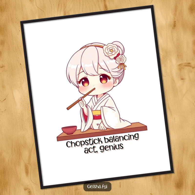 Funny Free Printable Wall Art: A geisha character showing off her playful talent by balancing chopsticks on her nose. Quirky art.