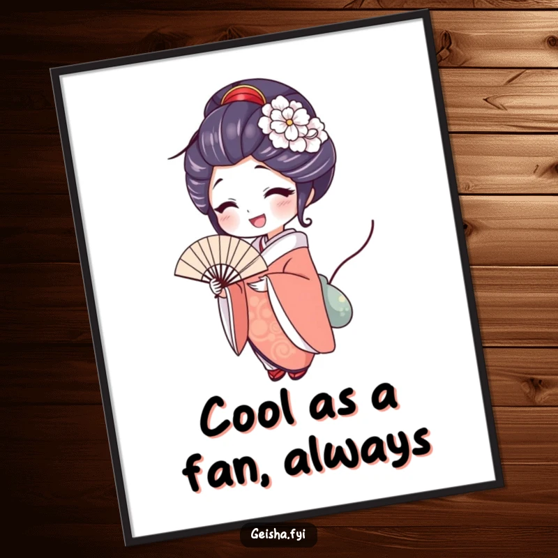 Funny Free Printable Wall Art: A geisha with a delighted expression holds a decorative fan, exuding charm.