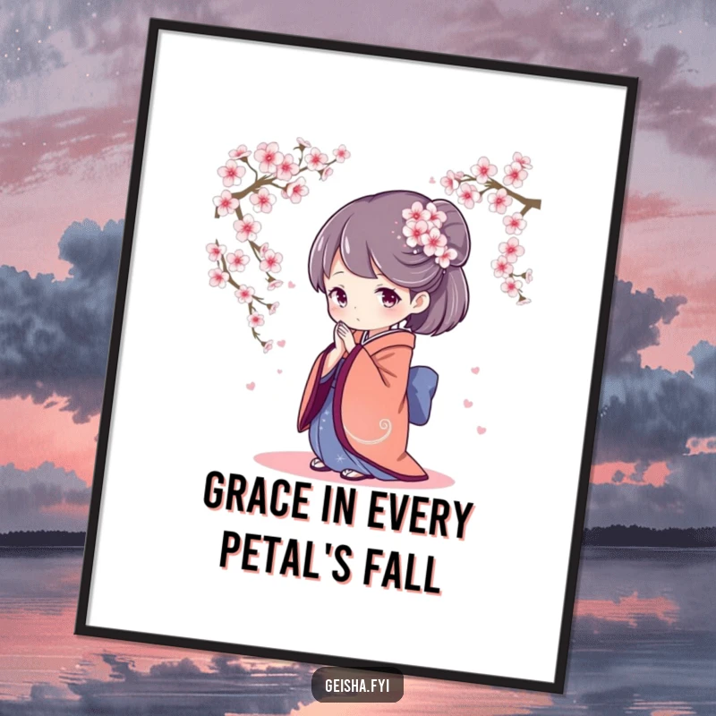 Elegant Free Printable Wall Art: a geisha character bows gracefully amidst falling cherry blossoms, exuding tranquility and beauty.