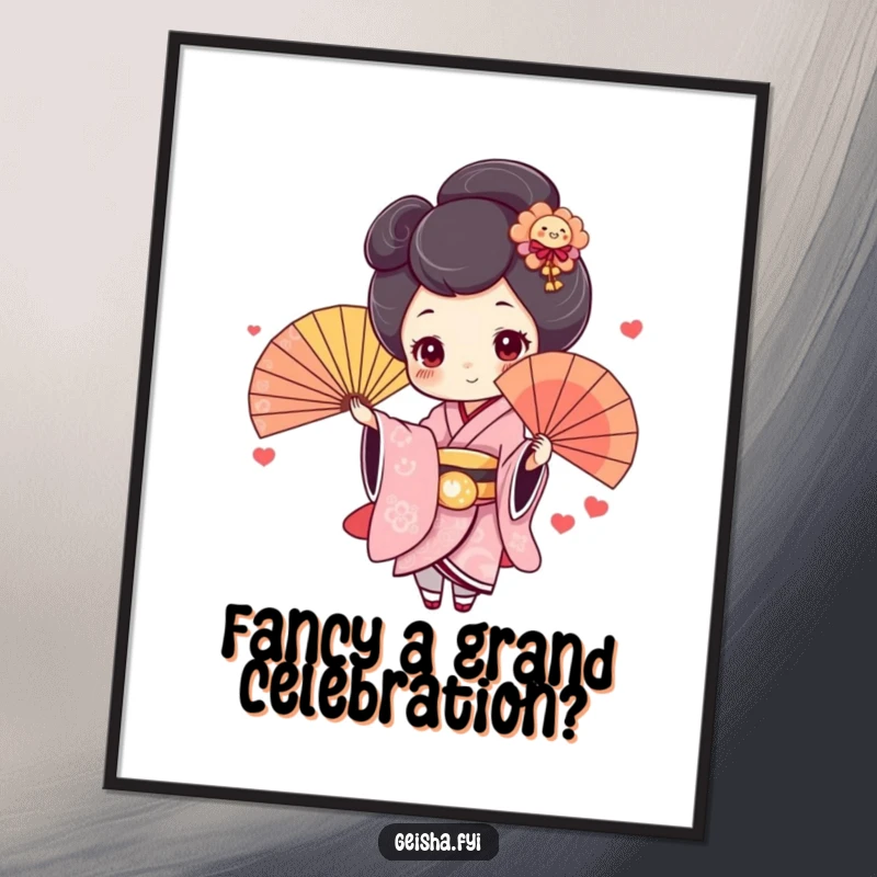 Funny Free Printable Wall Art: a cute geisha with rosy cheeks throws a colorful fan with a delightful and playful attitude.