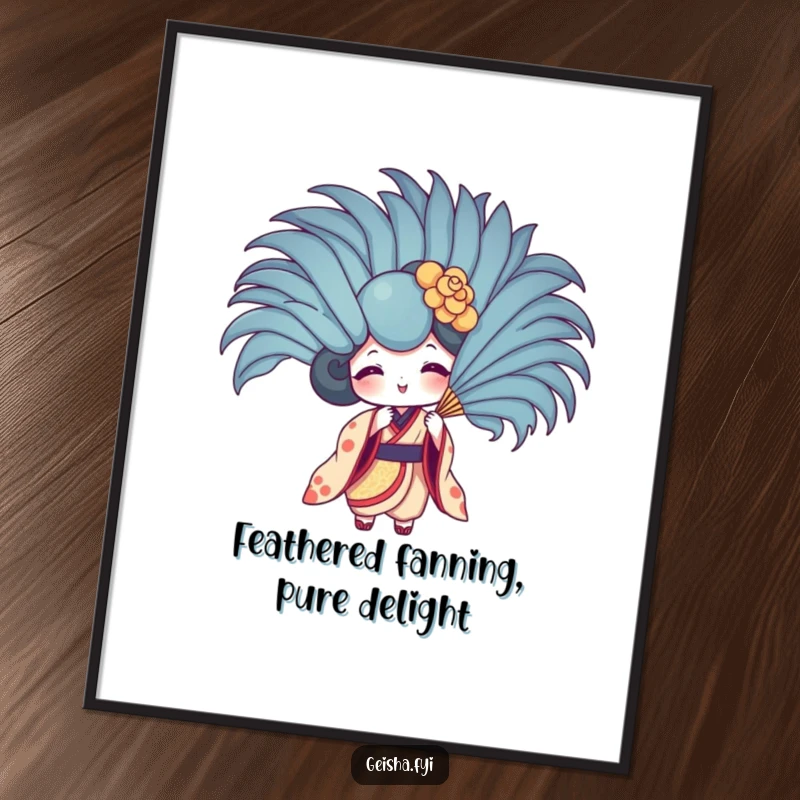 Funny Free Printable Wall Art: Playful Geisha Fan character fanning itself with an oversized feather, creating a breezy atmosphere.