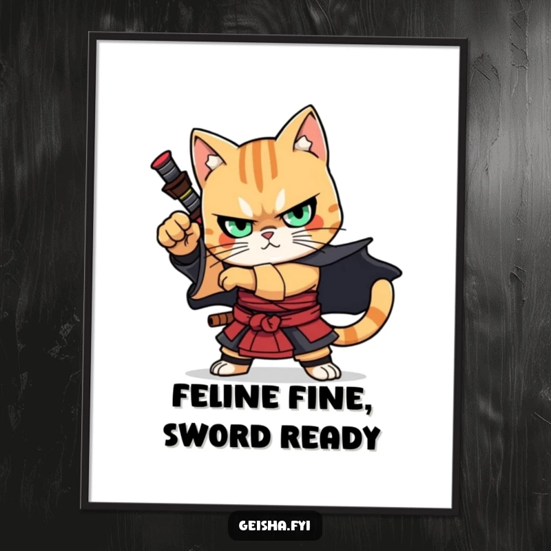 Funny Free Printable Wall Art: A determined samurai cat character striking an epic, powerful pose with intense focus.