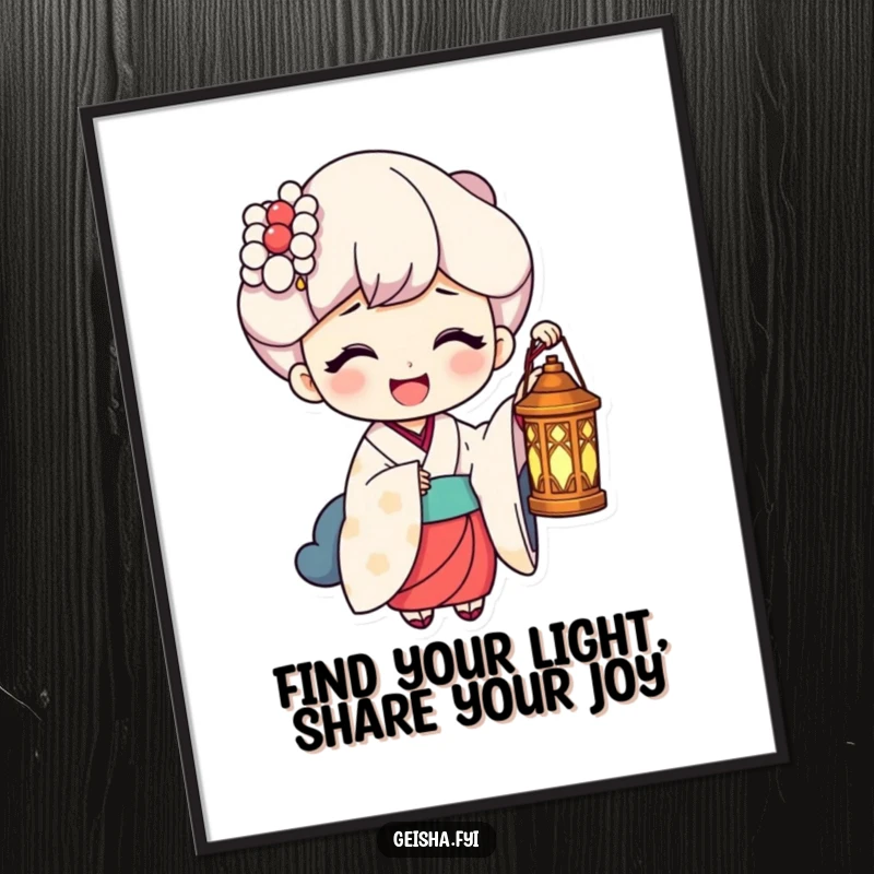 Funny Free Printable Wall Art: A geisha character holds a small, glowing lantern, illuminating a happy, laughing face with warmth.