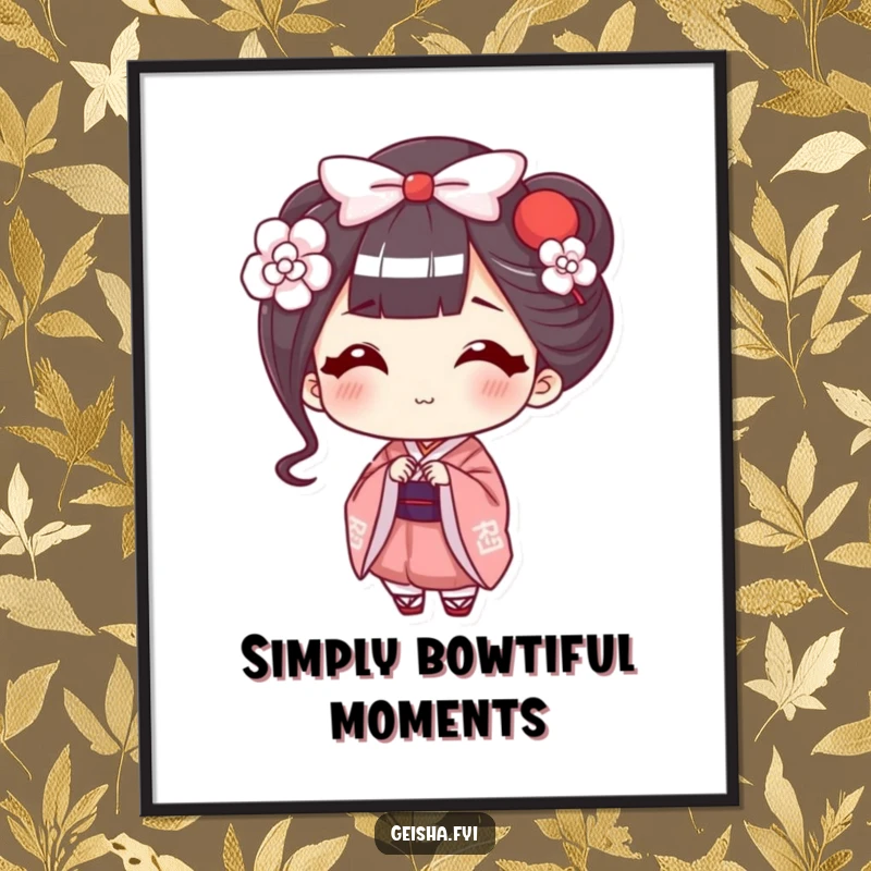 Funny free printable wall art of a happy geisha offering a delicate, smiling bow, adding a touch of humorous elegance to your decor.