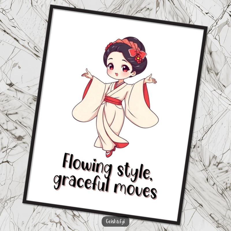 Funny Free Printable Geisha Wall Art featuring a graceful dancer with flowing sleeves, a beautiful statement piece. Downloadable art.