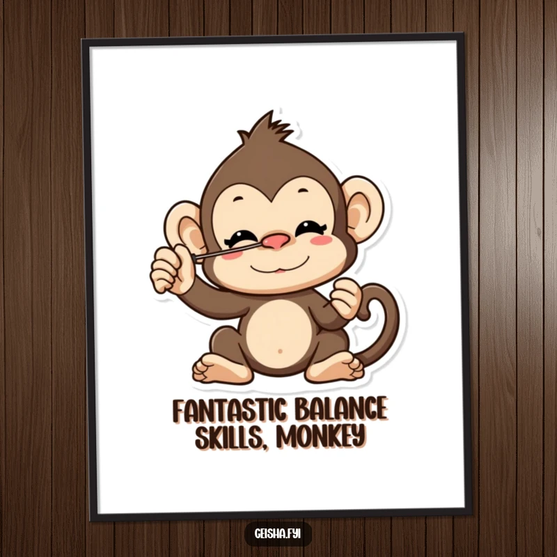 Funny Free Printable Wall Art: a cheeky monkey character attempting to balance a fan on its nose with a mischievous grin.