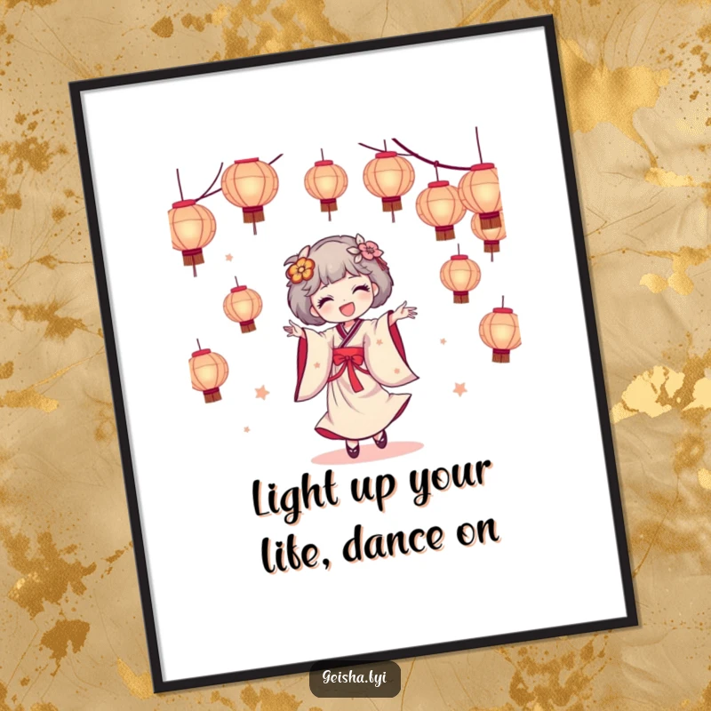 Funny Free Printable Wall Art: A geisha gracefully dancing surrounded by a beautiful, glowing cascade of paper lanterns.