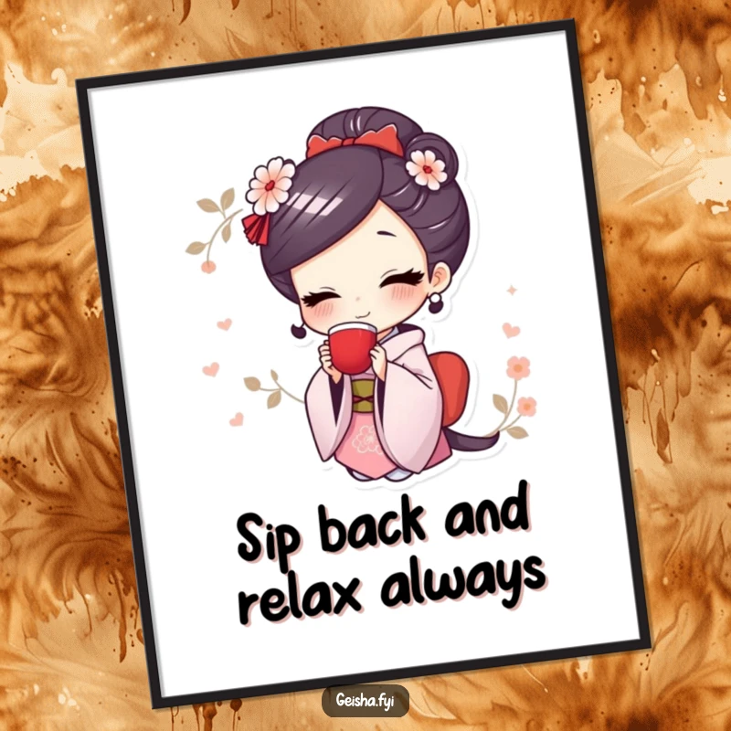 Cute Free Printable Wall Art: Smiling geisha character elegantly sips tea from a delicate cup, creating a serene and beautiful scene.