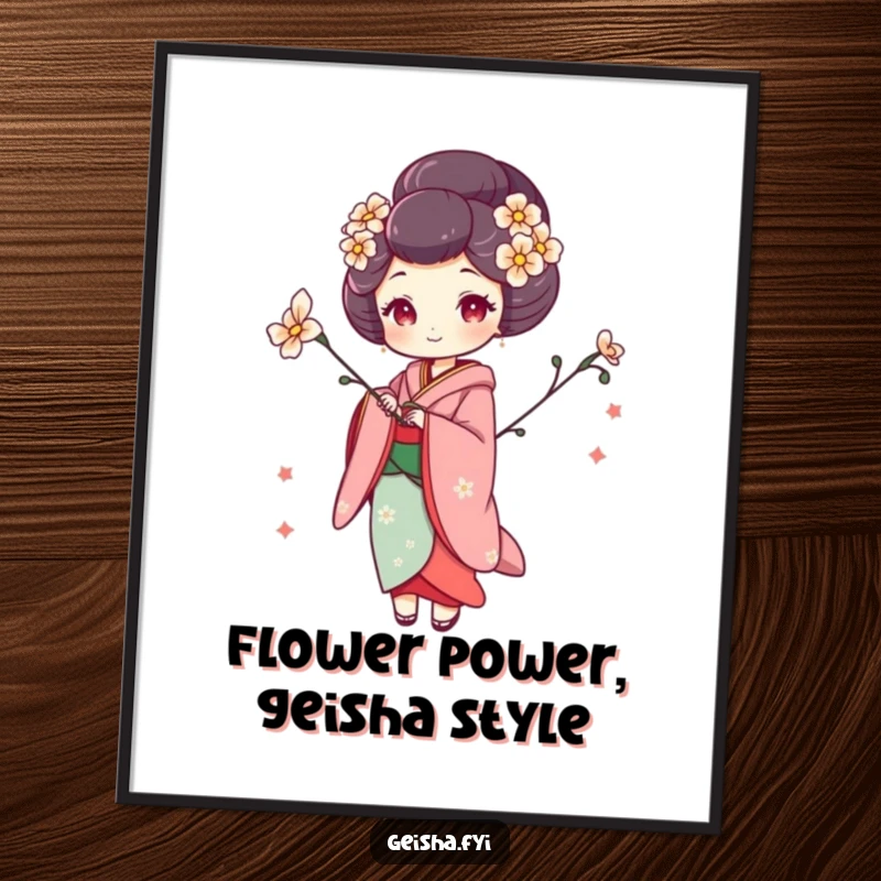 Funny Free Printable Wall Art: A geisha strikes a whimsical pose, elegantly holding a vibrant flower.