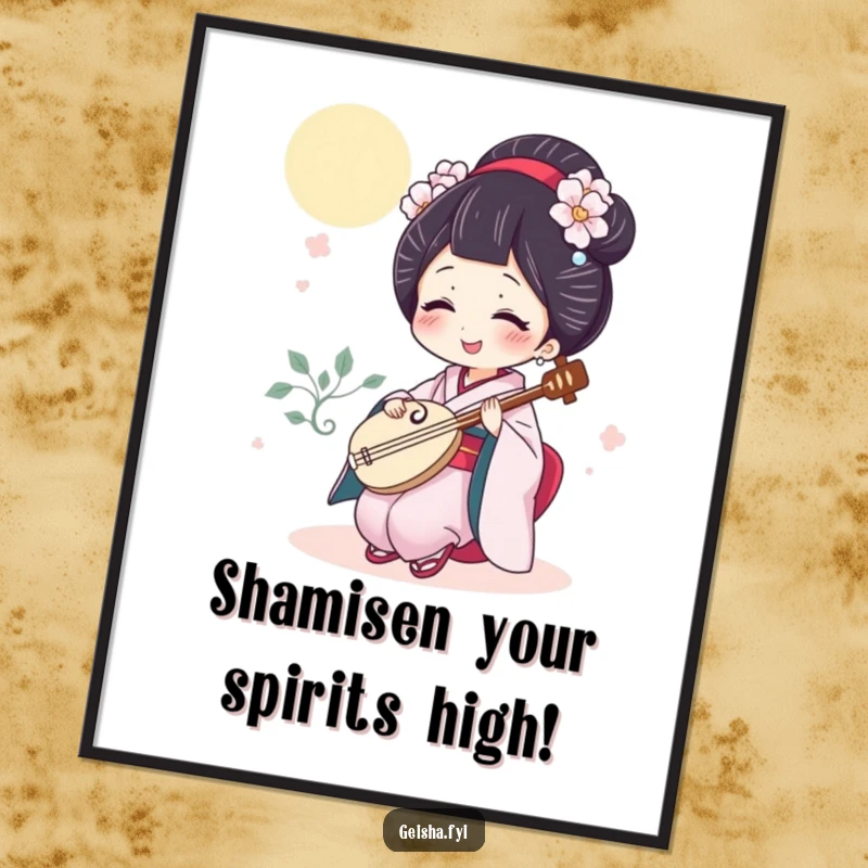 Funny Free Printable Wall Art: A geisha happily plays a tiny shamisen, radiating pure joy and music.