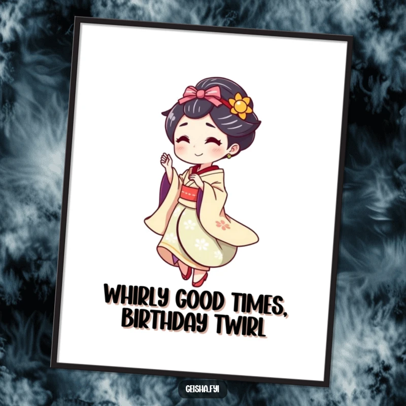 Funny Free Printable Geisha Wall Art, doing a playful spin with a flourish, dynamic downloadable decor.