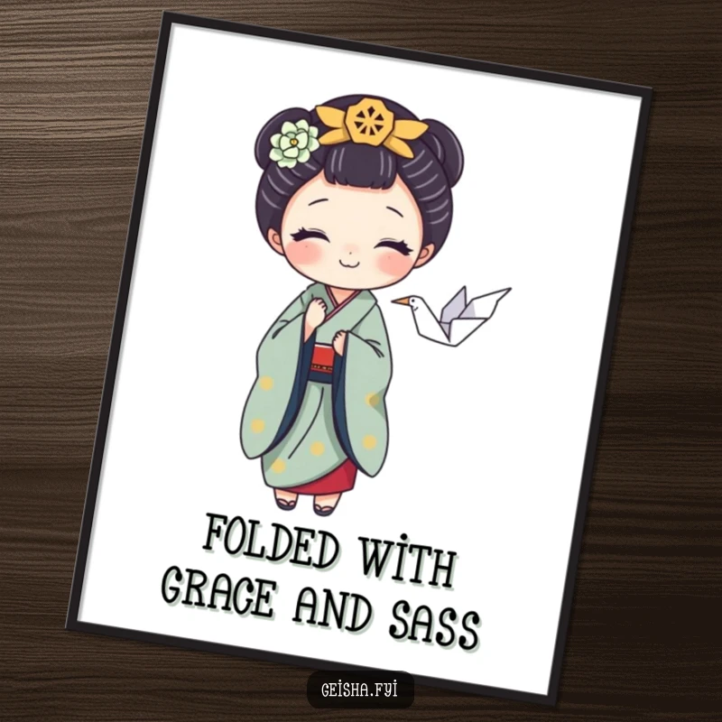 Funny Free Printable wall art of a playful geisha character balancing a tiny origami crane, creating an atmosphere of delicate beauty and humor.