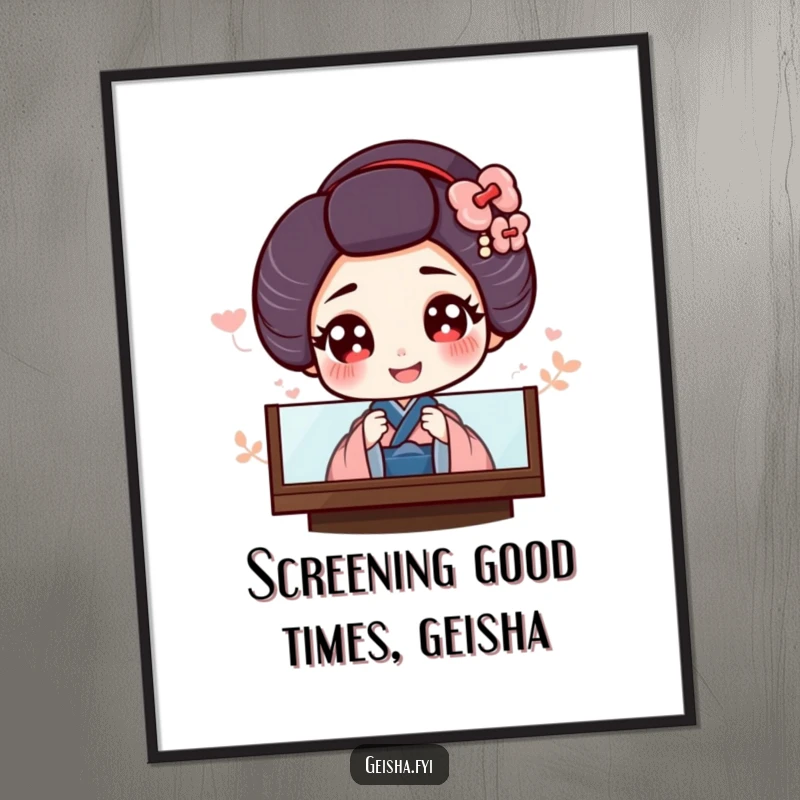 Funny Free Printable Wall Art: A giggling geisha with oversized eyes playfully peeks from behind an ornate Japanese screen.