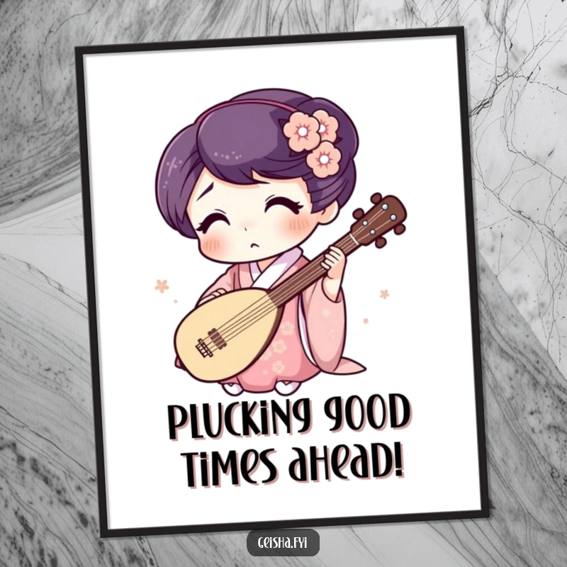 Funny Free Printable Wall Art: a geisha with a genuinely surprised expression plays a miniature shamisen with comedic flair.