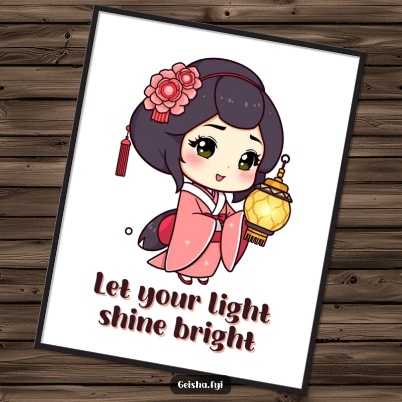 Funny Free Printable Wall Art: a geisha with a mischievous wink holds a beautifully shimmering lantern, adding light and humor.