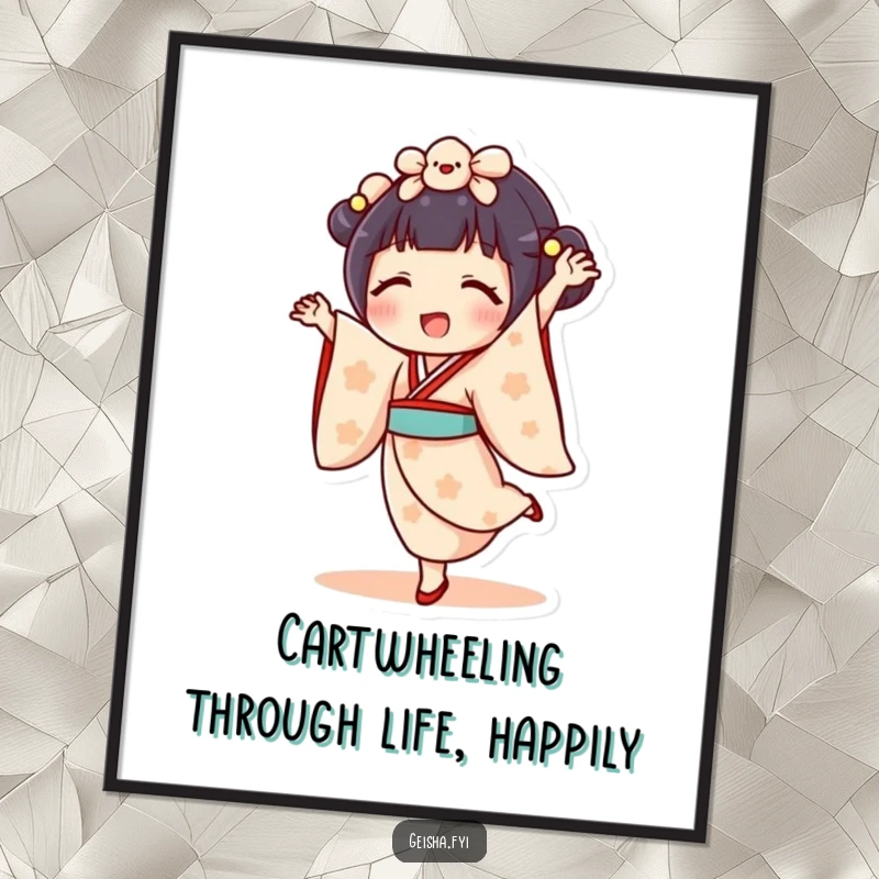 Funny Free Printable Wall Art: Delighted Geisha Doll character performing a cartwheel with infectious joy and energy.
