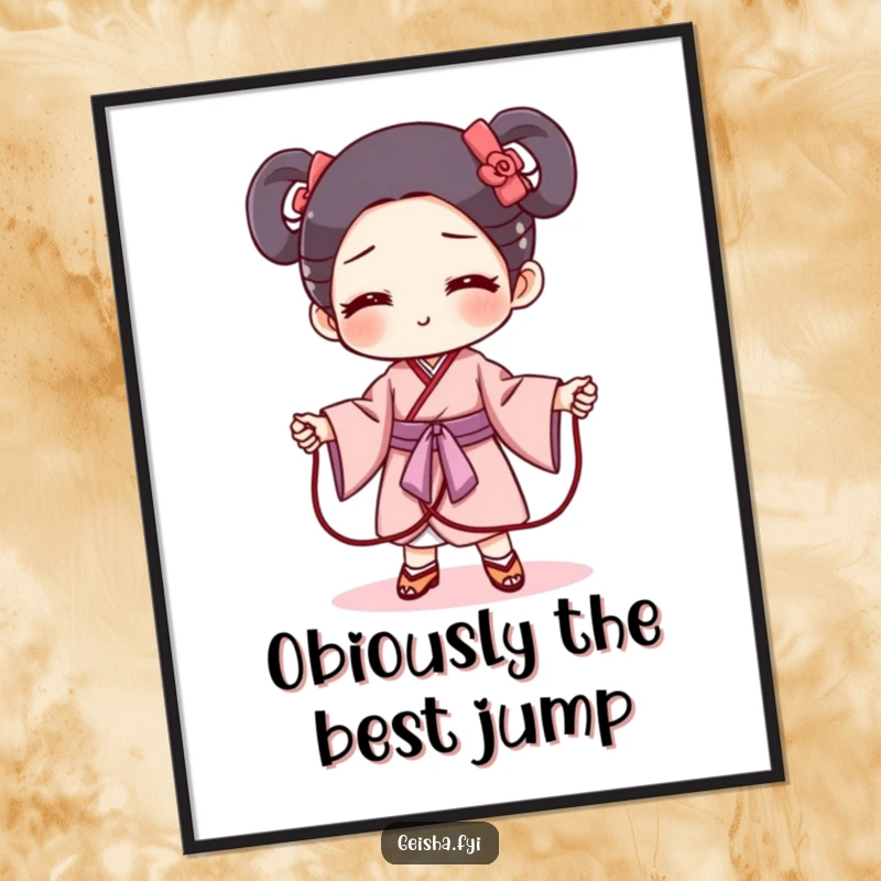 Funny Free Printable Wall Art: Mischievous Geisha Obi character humorously posing as a jump rope, ready for playful activity.