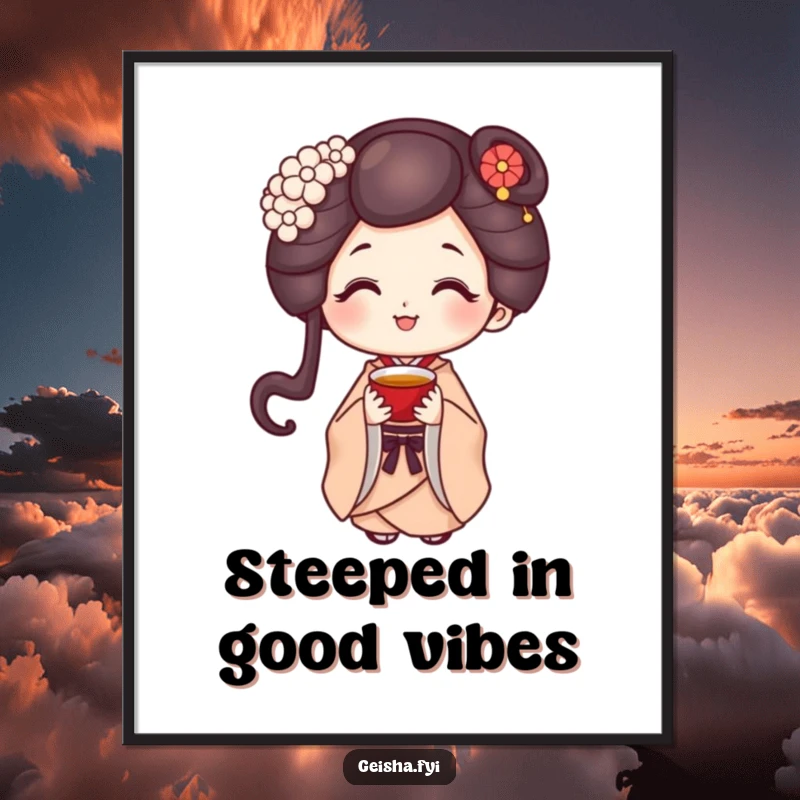 Funny Free Printable geisha with a sweet smile offering a tiny cup of tea, elegant and humorous downloadable wall art.