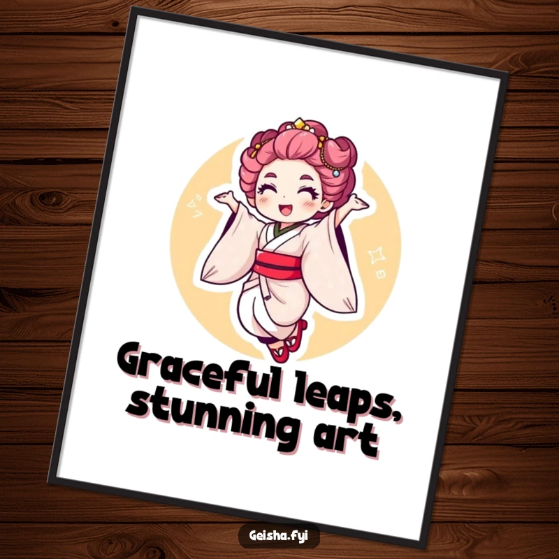 Funny Free Printable Wall Art: Geisha character in a cheerful, energetic jump with a flourish, creating dynamic art.
